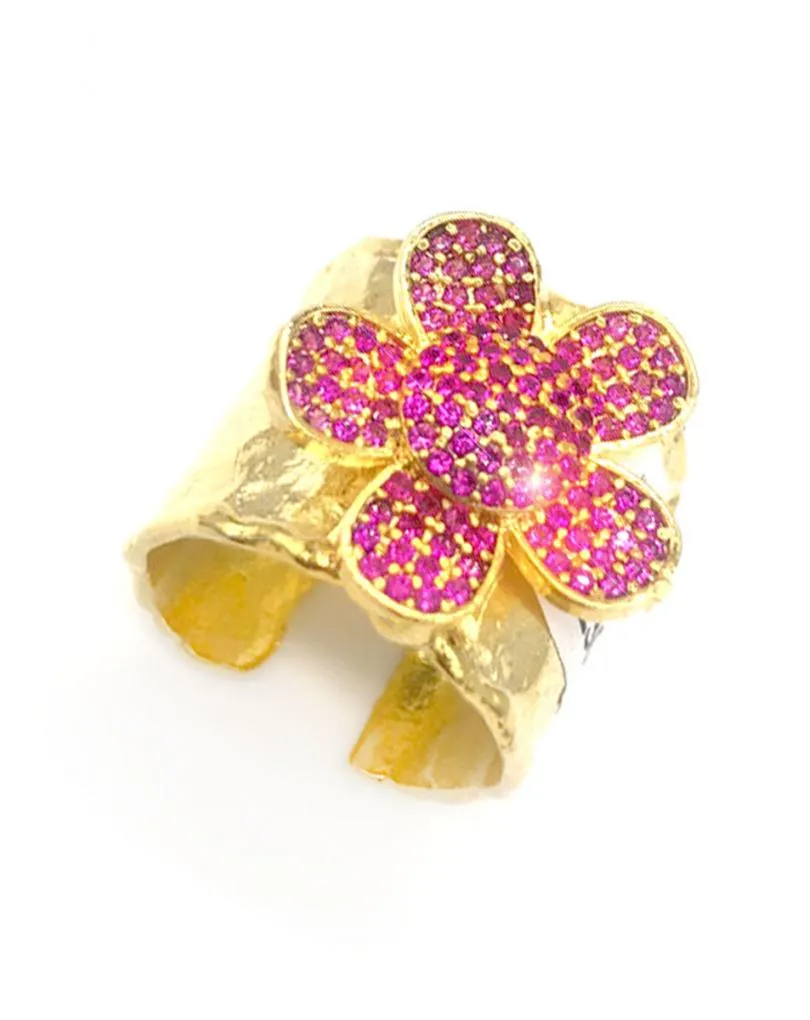 ANILLO ANCHO MUJER BISUTERÍA FINA AJUSTABLE CON FLOR FUCSIA