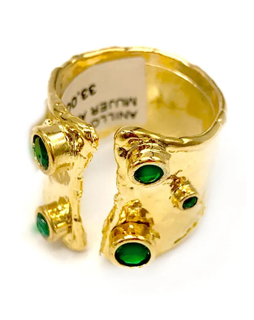 ANILLO DORADO MUJER ANCHO ABIERTO CON CRISTALES VERDES ESMERALDA