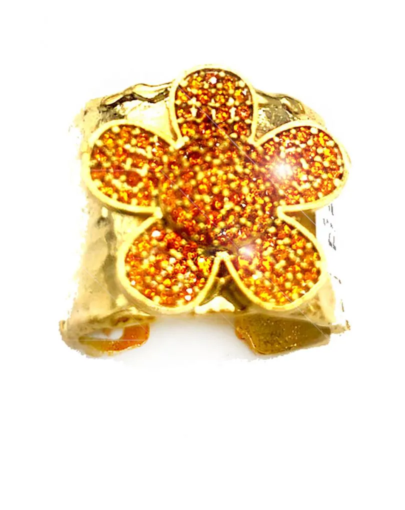 ANILLO MUJER GRANDE BAÑADO EN ORO CON FLOR NARANJA DE BISUTERÍA FINA