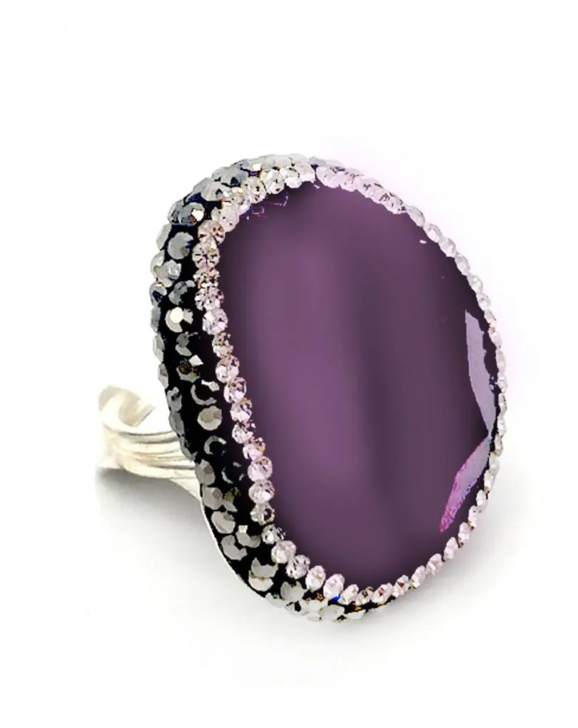 ANILLO MUJER GRANDE CON PIEDRA NATURAL MORADA, CIRCONITAS Y ANTRACITAS