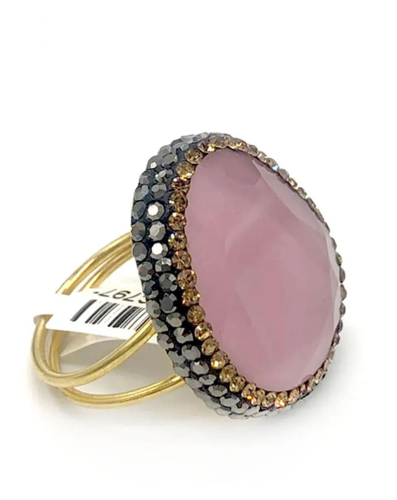 ANILLO MUJER GRANDE ROSA CON PIEDRA NATURAL, CIRCONITAS Y ANTRACITAS