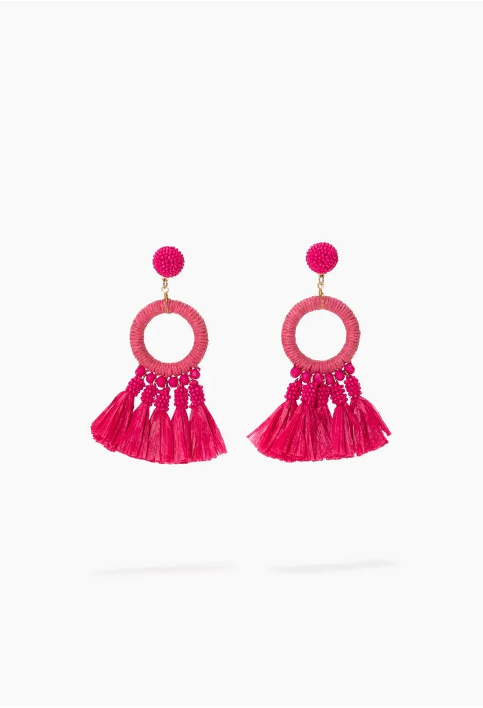 Aretes de aro mostacillas y borla papel unic fucsia