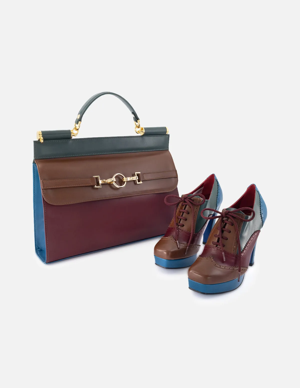 Bolso satchel de piel napa con bloque de colores para mujer