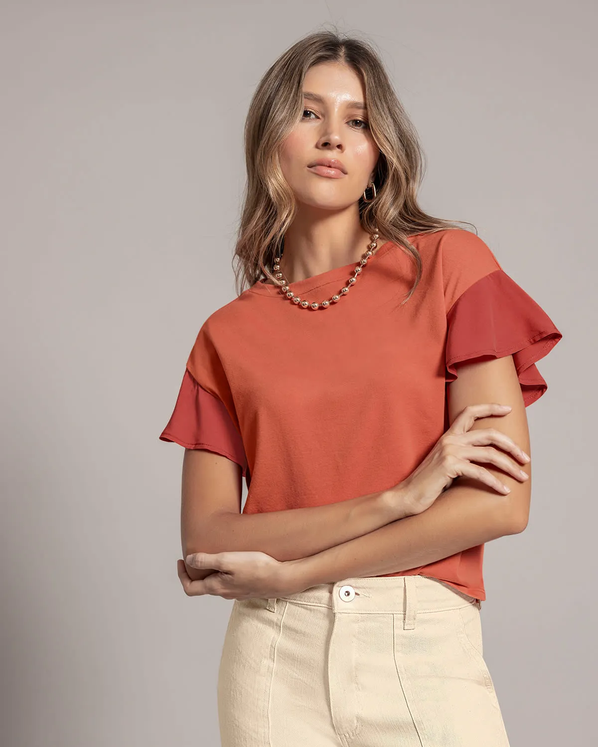 Camiseta manga corta con bolero en combinación de tela