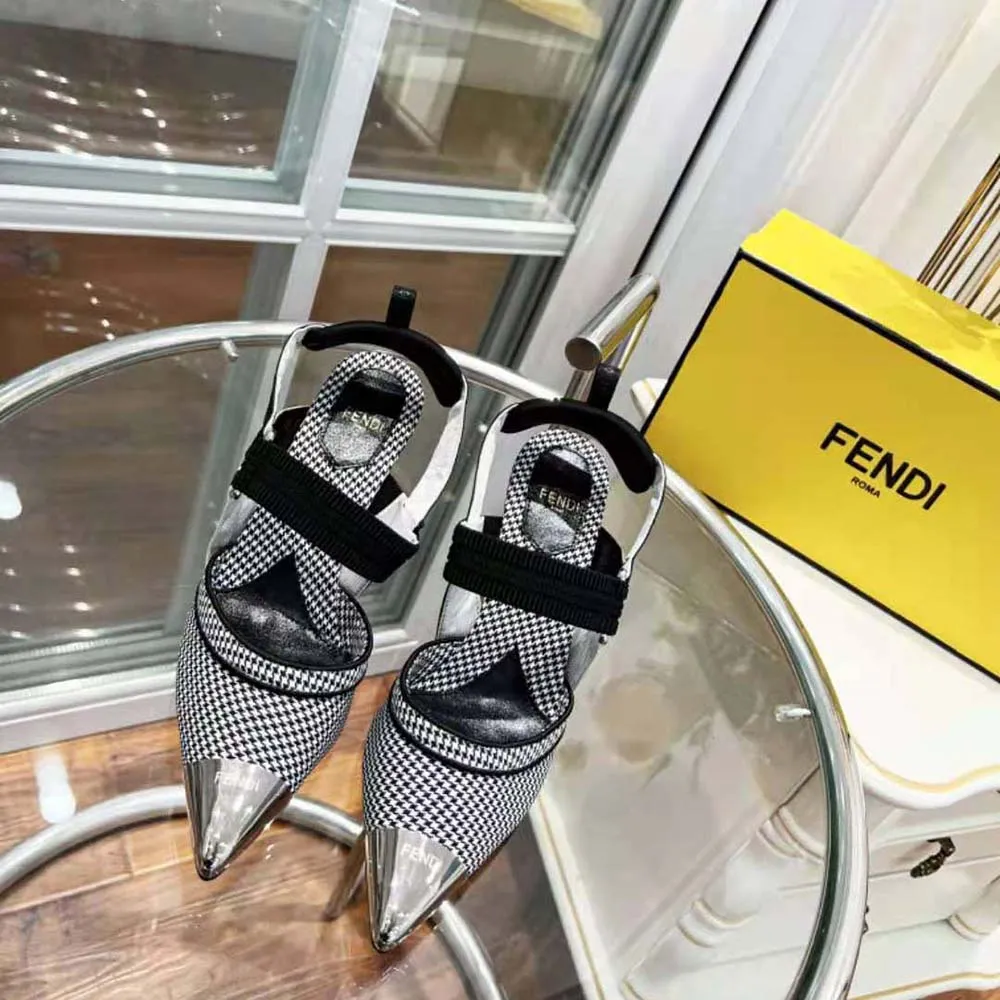 Fendi Mujer Colibru00ec Zapatos Slingback De Tacón Alto En Tejido De Pata De Gallo Negro