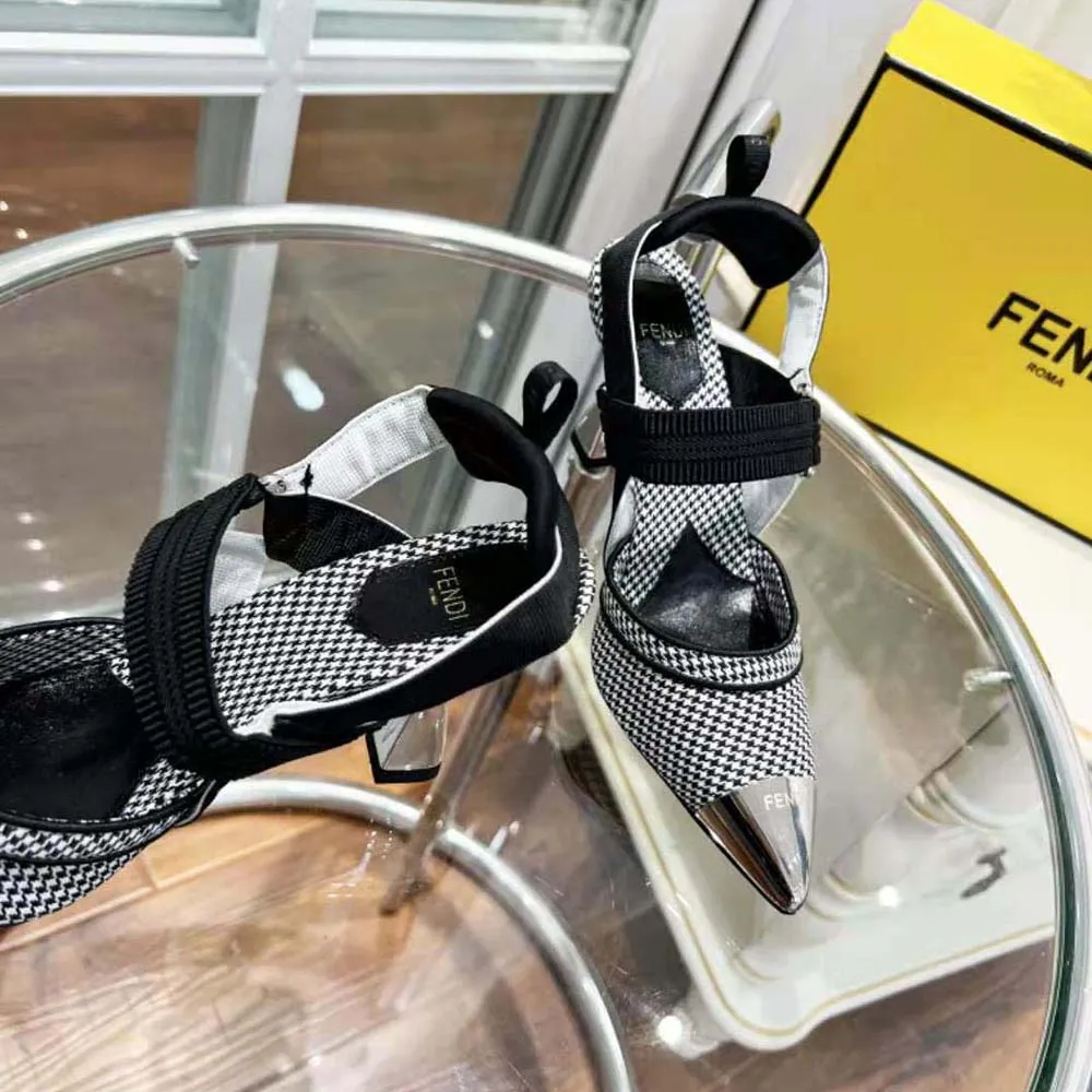 Fendi Mujer Colibru00ec Zapatos Slingback De Tacón Alto En Tejido De Pata De Gallo Negro
