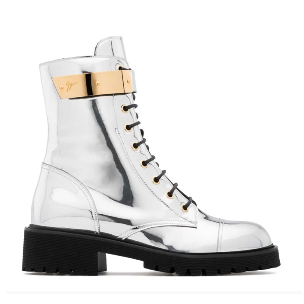 Giuseppe Zanotti Zapatos Mujer Bota Harvey de Charol Plateado Espejo con Metal Chapado