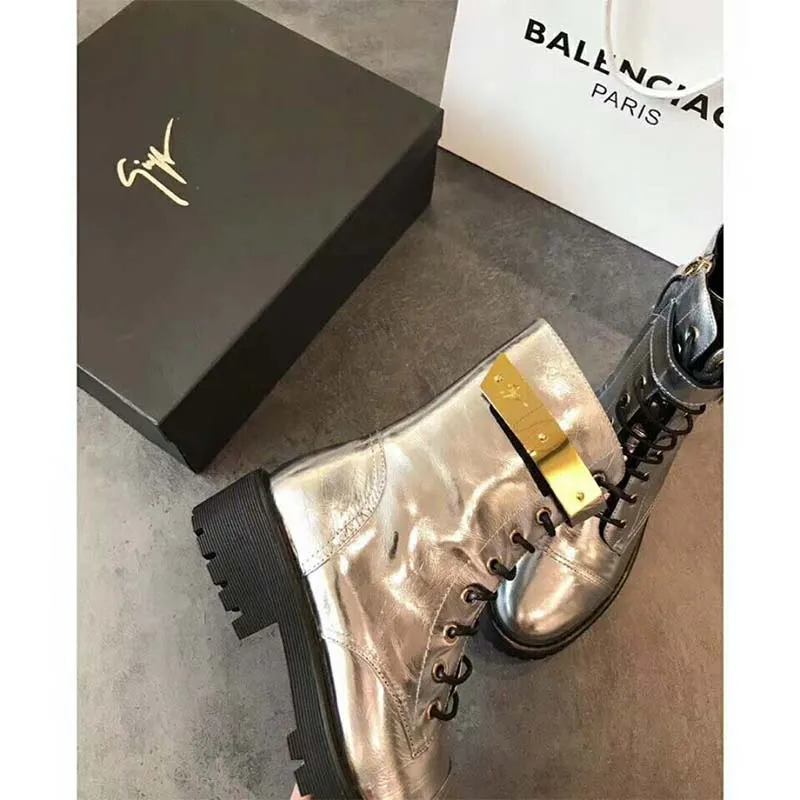 Giuseppe Zanotti Zapatos Mujer Bota Harvey de Charol Plateado Espejo con Metal Chapado