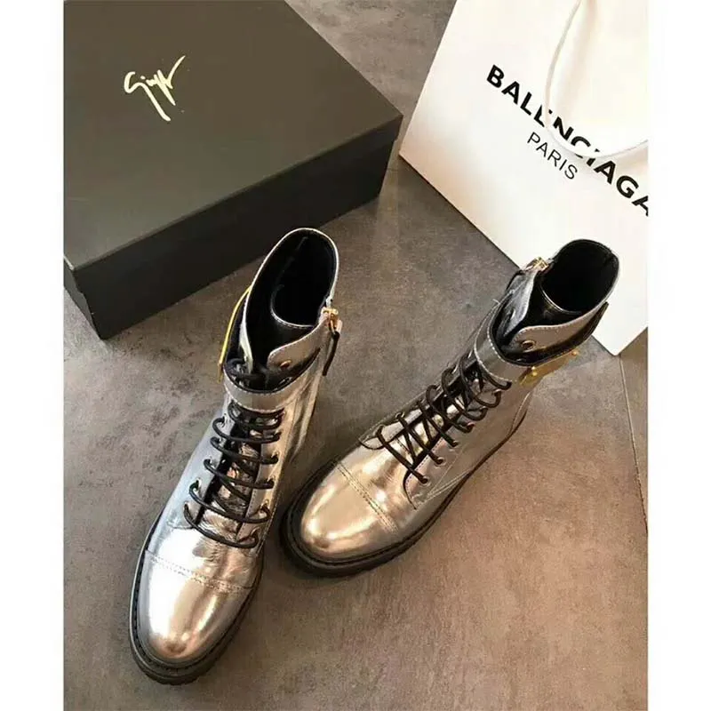 Giuseppe Zanotti Zapatos Mujer Bota Harvey de Charol Plateado Espejo con Metal Chapado