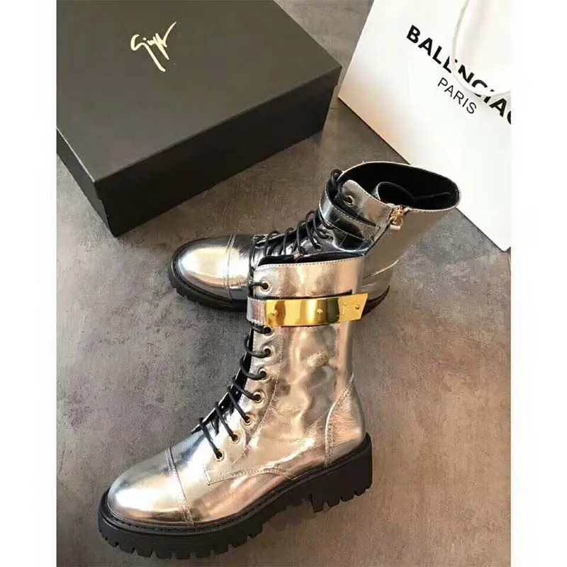 Giuseppe Zanotti Zapatos Mujer Bota Harvey de Charol Plateado Espejo con Metal Chapado