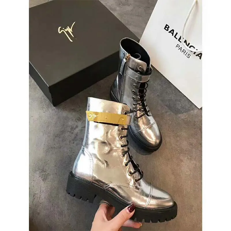 Giuseppe Zanotti Zapatos Mujer Bota Harvey de Charol Plateado Espejo con Metal Chapado
