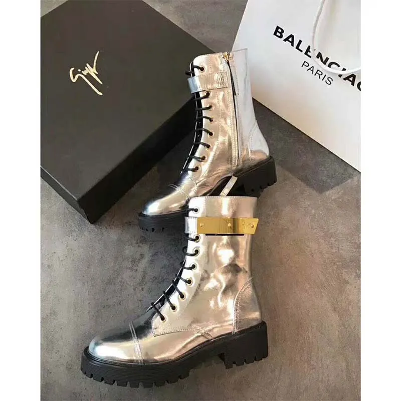 Giuseppe Zanotti Zapatos Mujer Bota Harvey de Charol Plateado Espejo con Metal Chapado