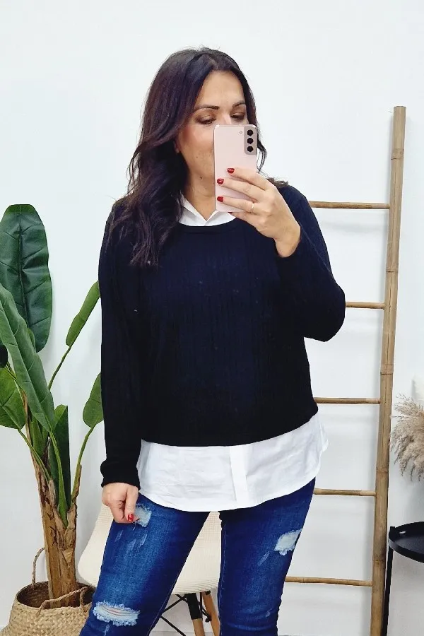 Jersey Cuello Camisa Negro