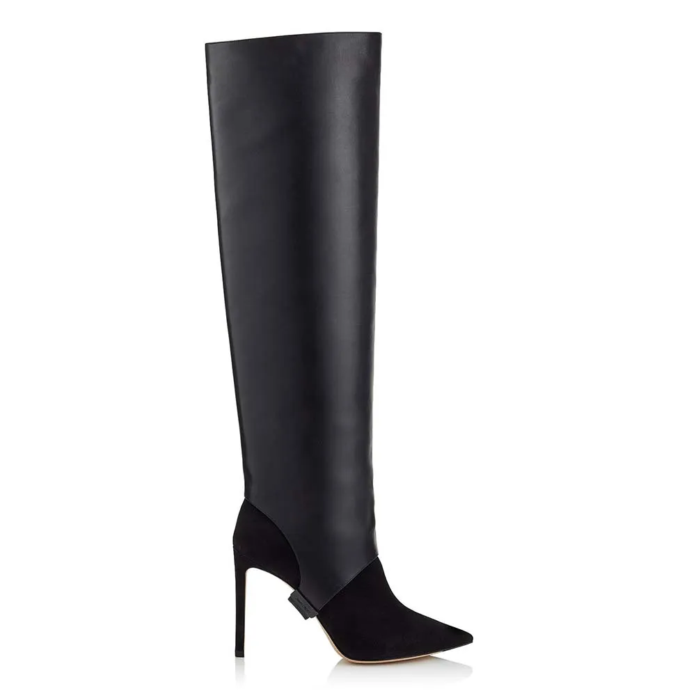 Jimmy Choo Zapatos de mujer Hurley 100 Botines hasta la rodilla de dos piezas de ante negro y piel de becerro