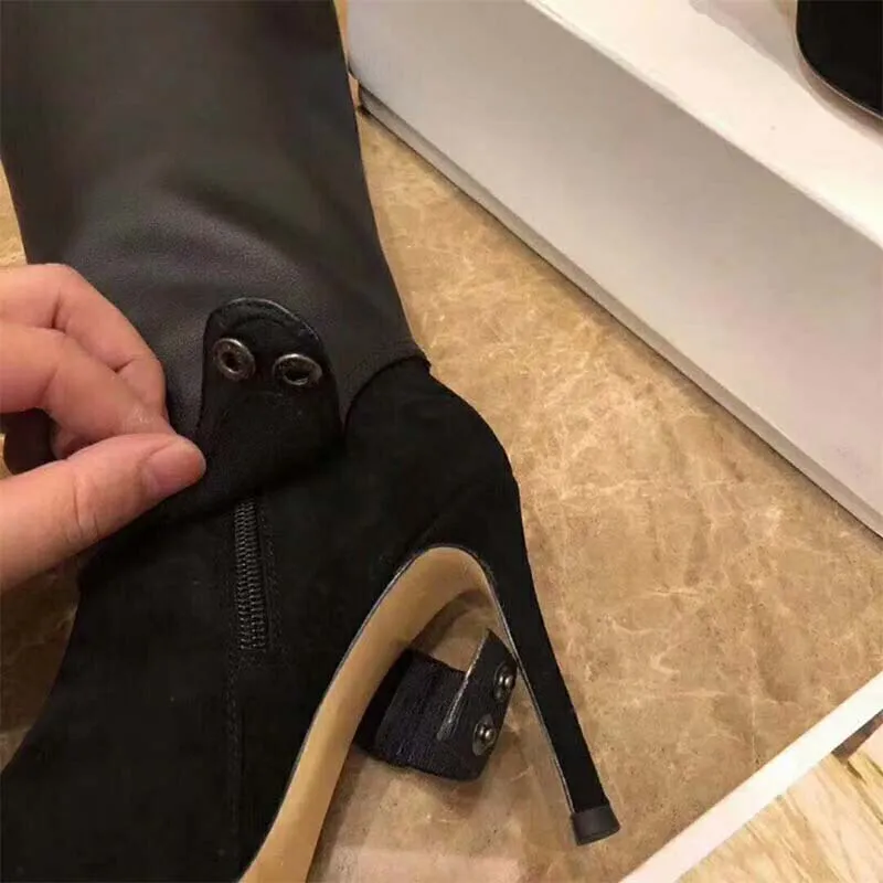 Jimmy Choo Zapatos de mujer Hurley 100 Botines hasta la rodilla de dos piezas de ante negro y piel de becerro