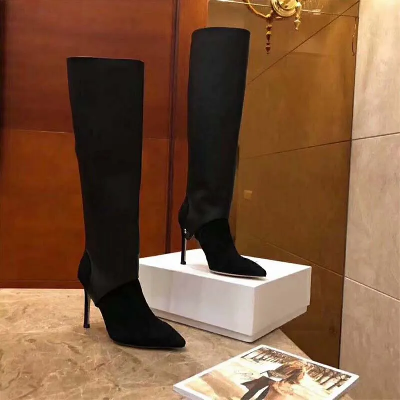 Jimmy Choo Zapatos de mujer Hurley 100 Botines hasta la rodilla de dos piezas de ante negro y piel de becerro