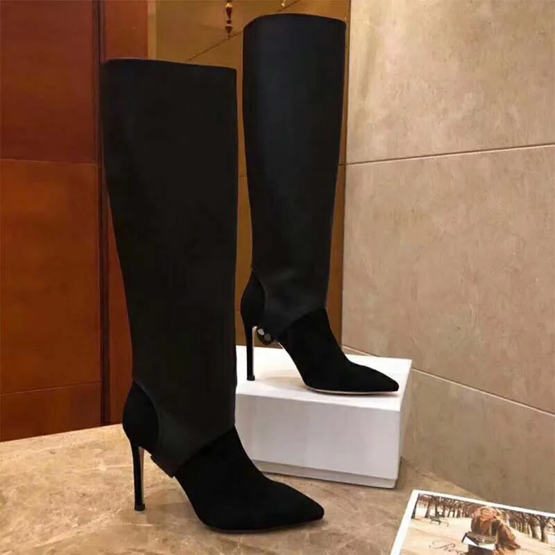 Jimmy Choo Zapatos de mujer Hurley 100 Botines hasta la rodilla de dos piezas de ante negro y piel de becerro