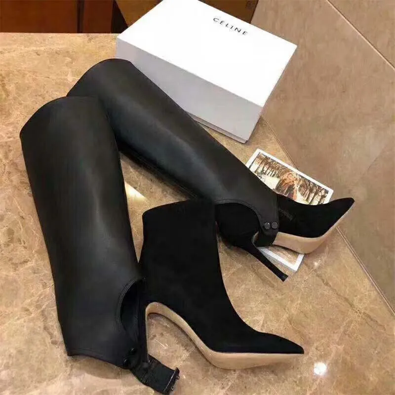 Jimmy Choo Zapatos de mujer Hurley 100 Botines hasta la rodilla de dos piezas de ante negro y piel de becerro
