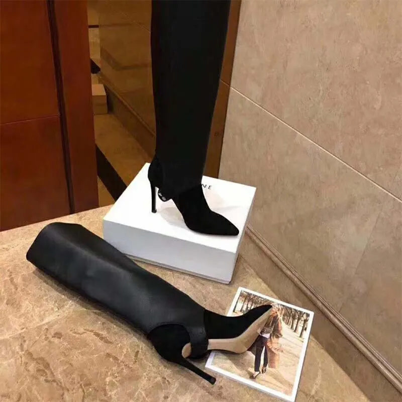 Jimmy Choo Zapatos de mujer Hurley 100 Botines hasta la rodilla de dos piezas de ante negro y piel de becerro