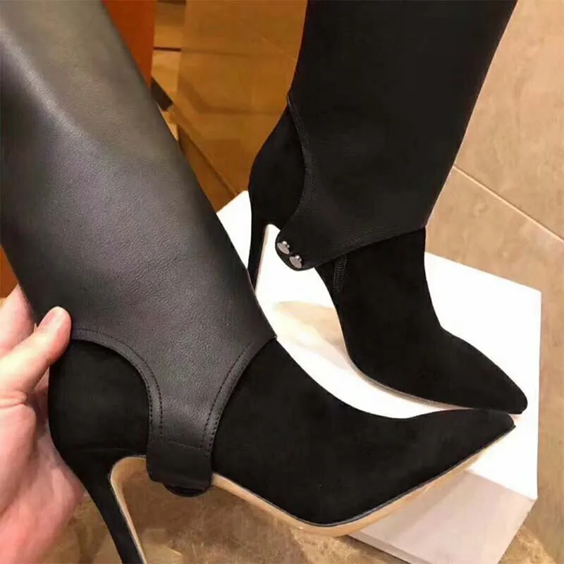 Jimmy Choo Zapatos de mujer Hurley 100 Botines hasta la rodilla de dos piezas de ante negro y piel de becerro