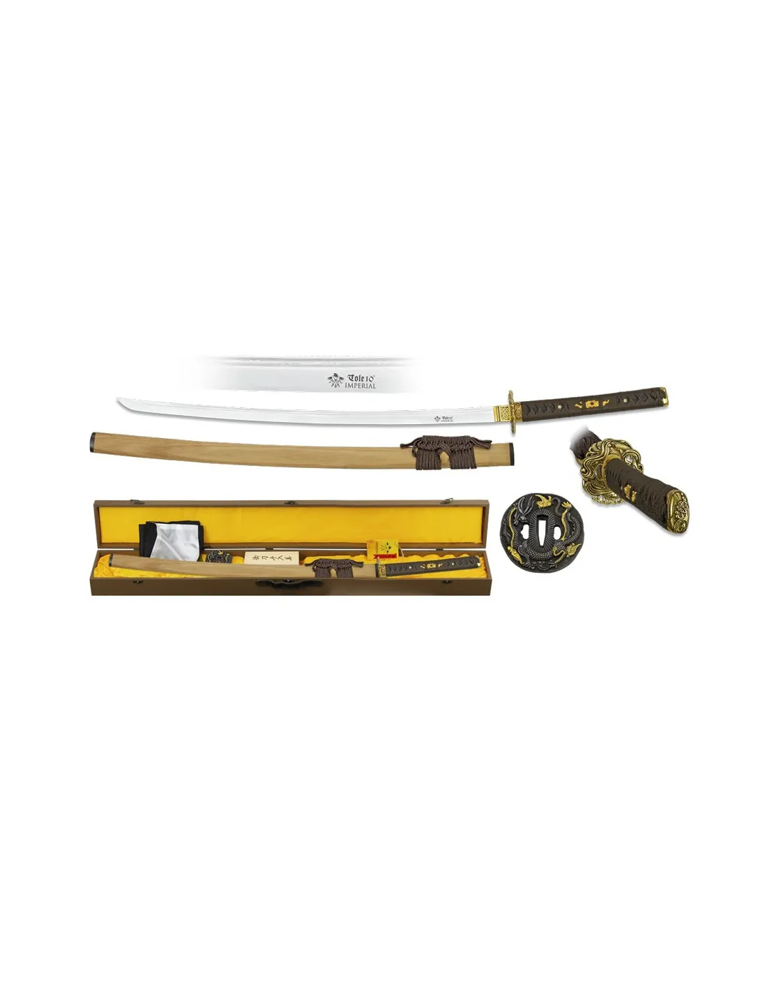 Katana hoja acero Damasco con caja, funda, kit de limpieza y tsubas