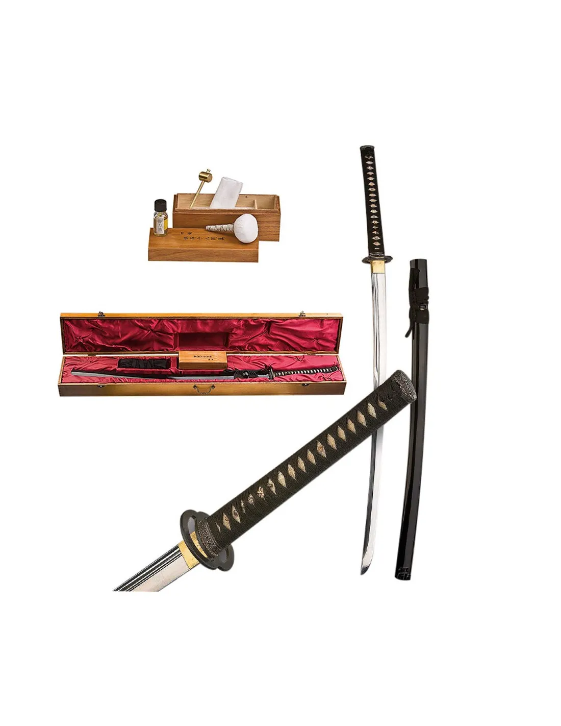 Katana prácticas hoja acero al carbono, estuche y kitt limpieza
