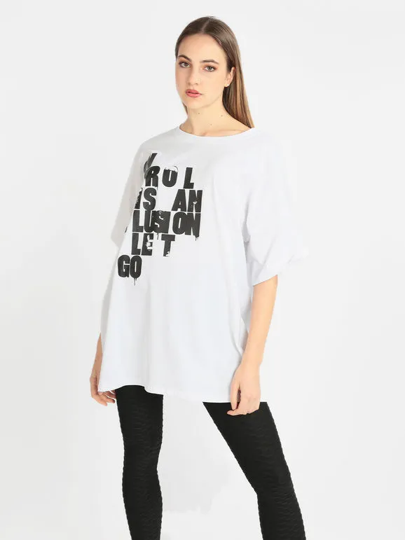 Made In Italy Camiseta de mujer maxi con texto