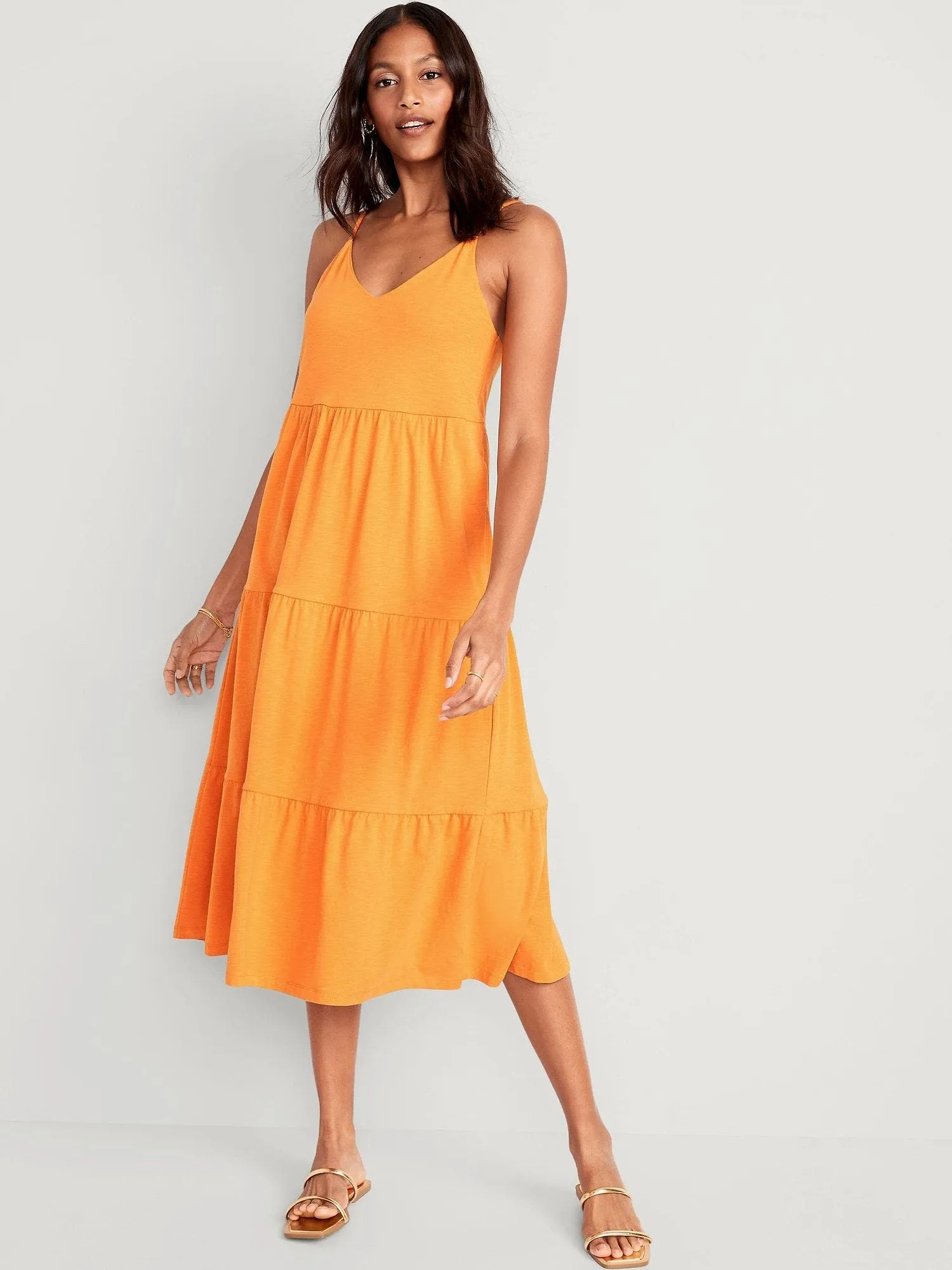 OLD NAVY Vestido Old Navy Swing Cami Midi Escalonado Cordones Atrás Mujer