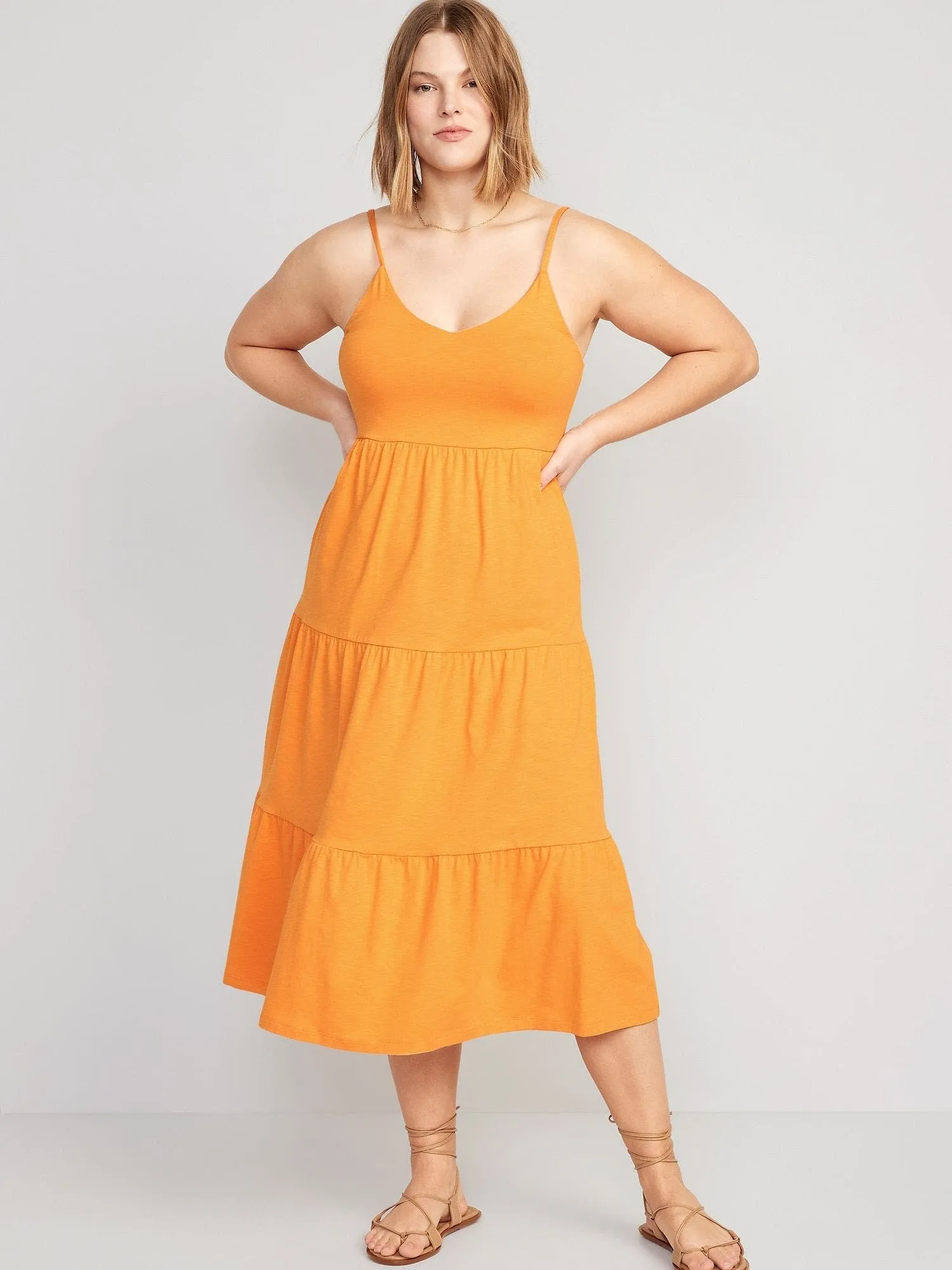 OLD NAVY Vestido Old Navy Swing Cami Midi Escalonado Cordones Atrás Mujer