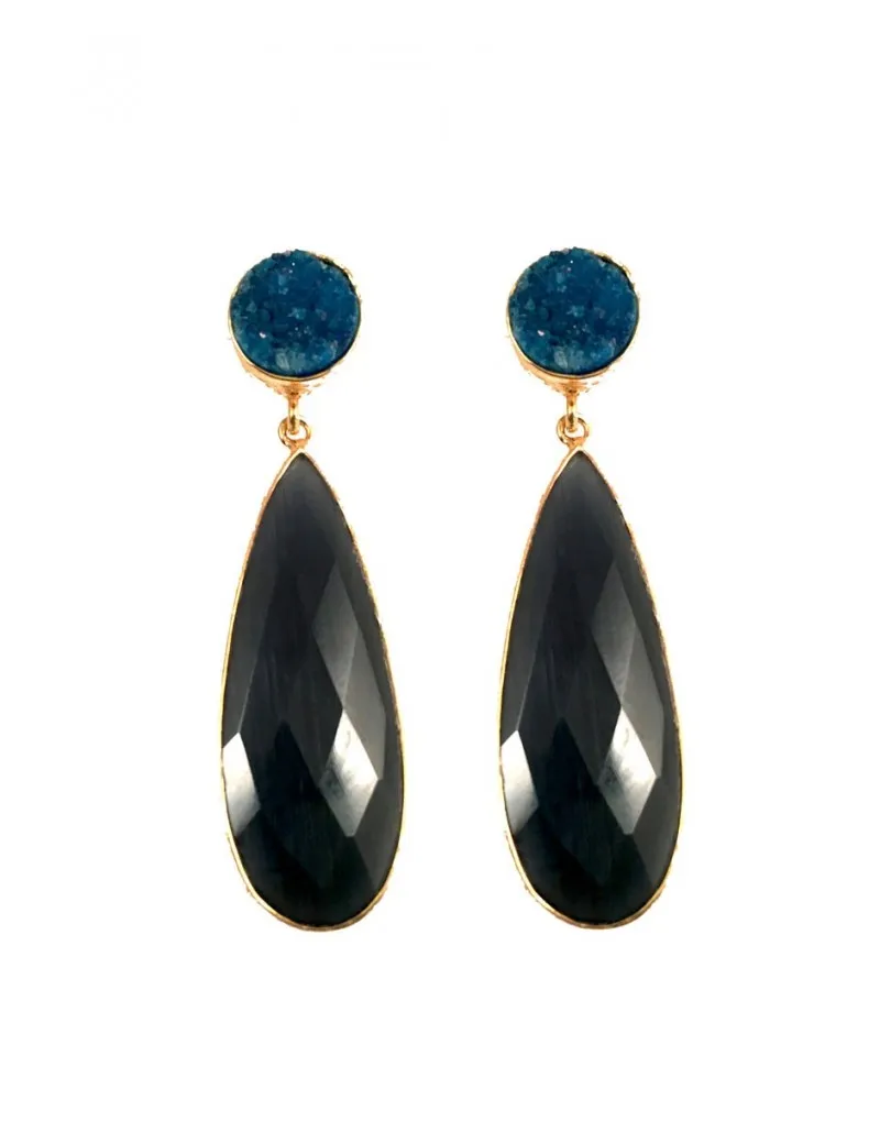 PENDIENTES DE PIEDRA FORMA DE LAGRIMA AZUL MARINO MUY OSCURO CON AZUL CLEIN