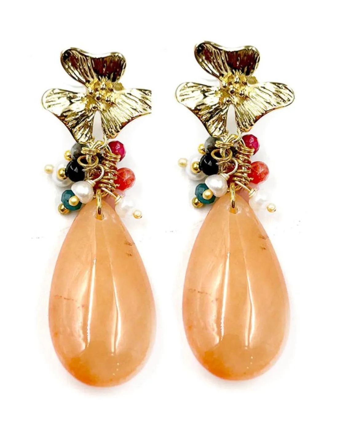 PENDIENTES DE PIEDRA LARGOS NARANJAS Y DORADOS