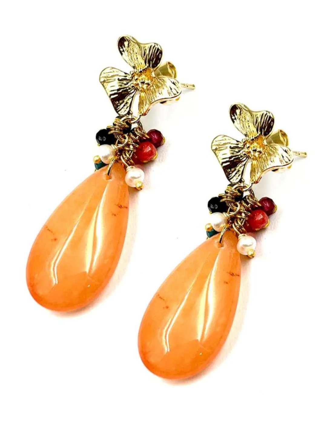 PENDIENTES DE PIEDRA LARGOS NARANJAS Y DORADOS