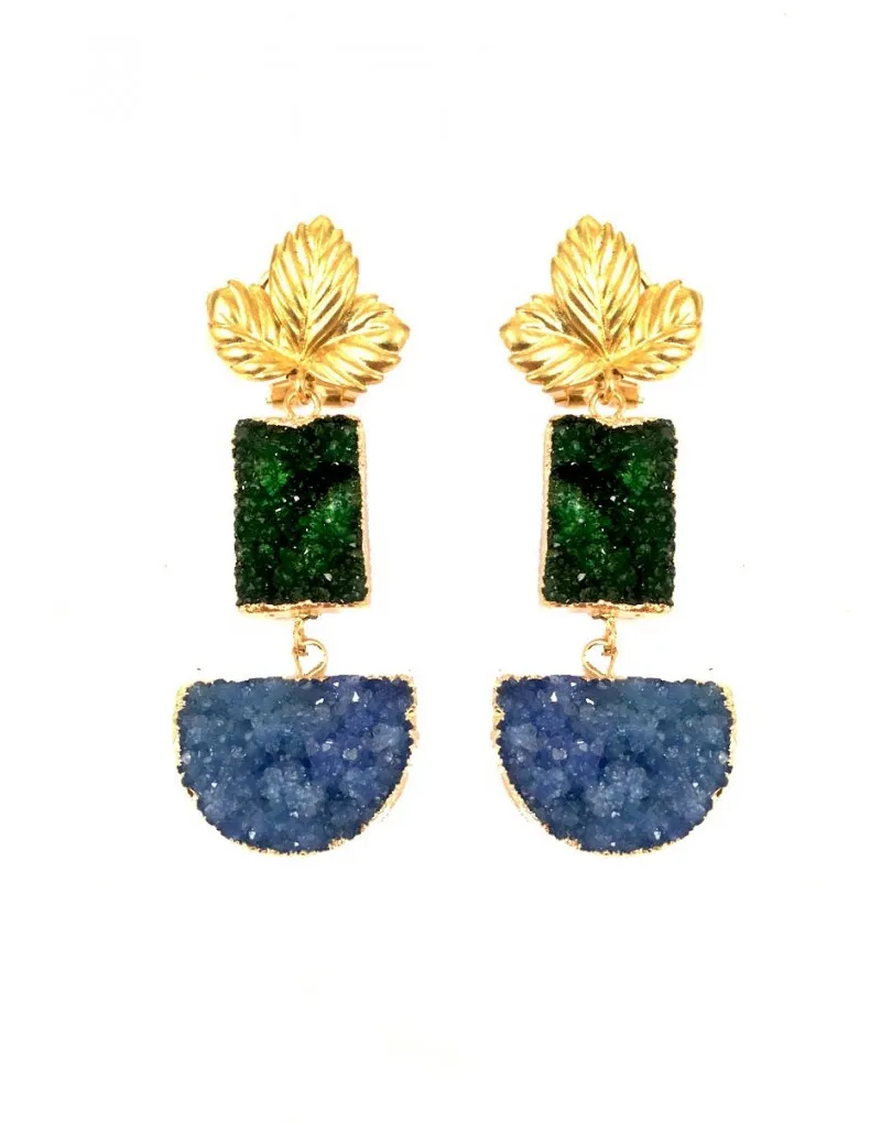 PENDIENTES LARGOS ORIGINALES EN PIEDRAS DRUSAS VERDES Y AZUL MEDIO