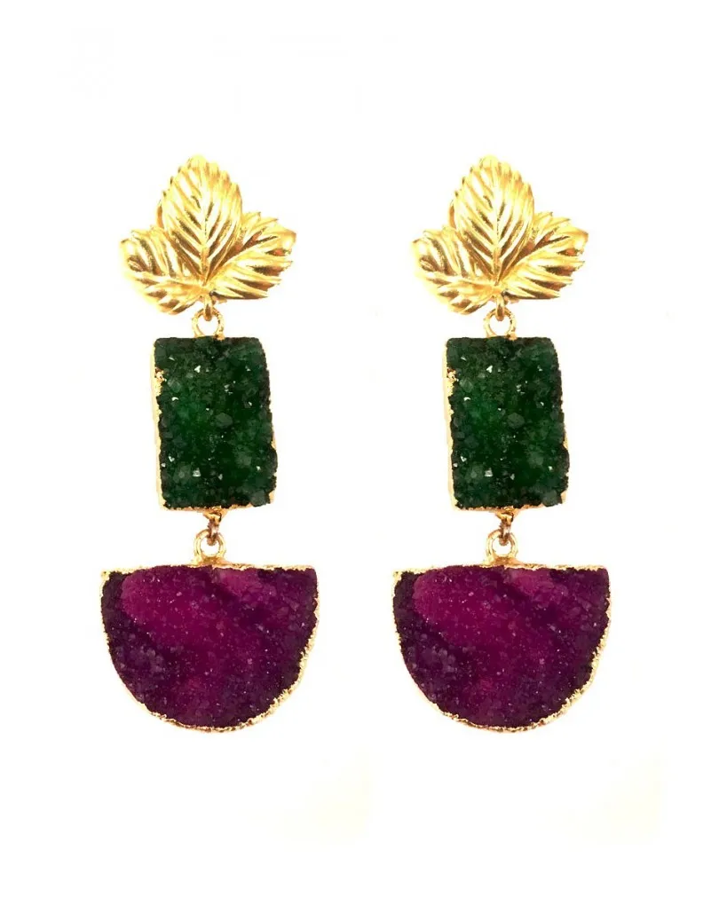 PENDIENTES LARGOS ORIGINALES EN PIEDRAS DRUSAS VERDES Y MORADOS