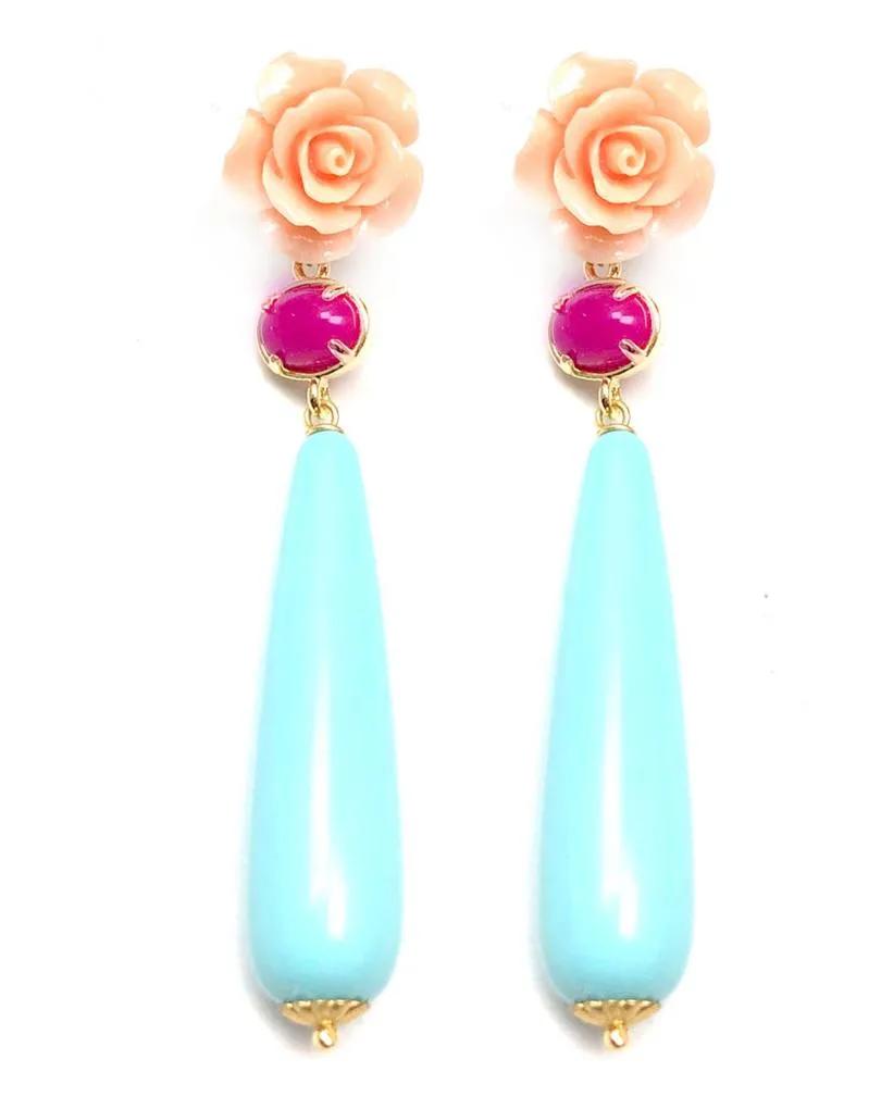 PENDIENTES LARGOS TURQUESAS CON ROSAS INSPIRACION FLAMENCA