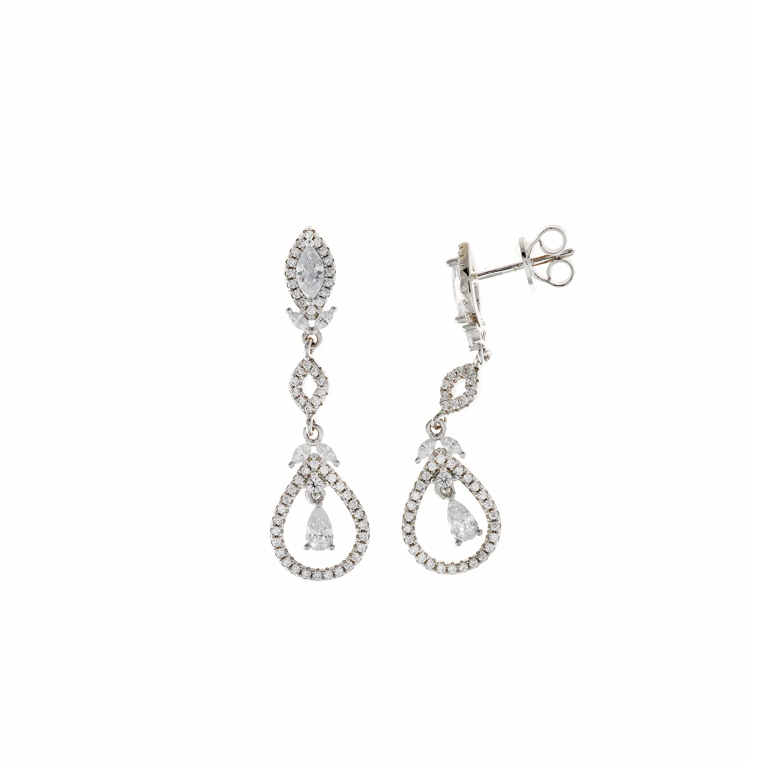 PENDIENTES PLATA RODIO TIRA CIRCONITAS BLANCAS PERA