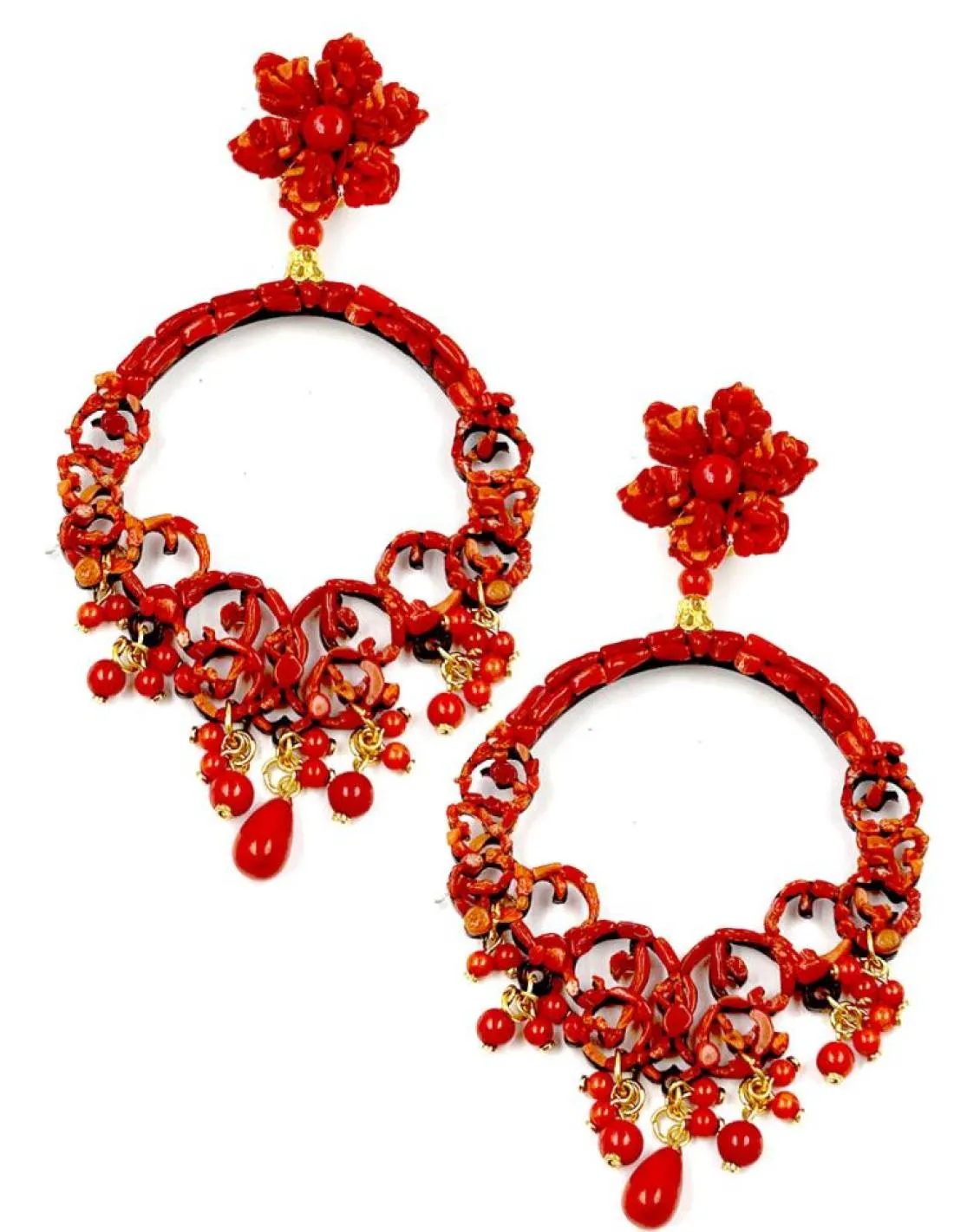 PENDIENTES ROJOS DE CORAL AROS LIGEROS CON FLORES