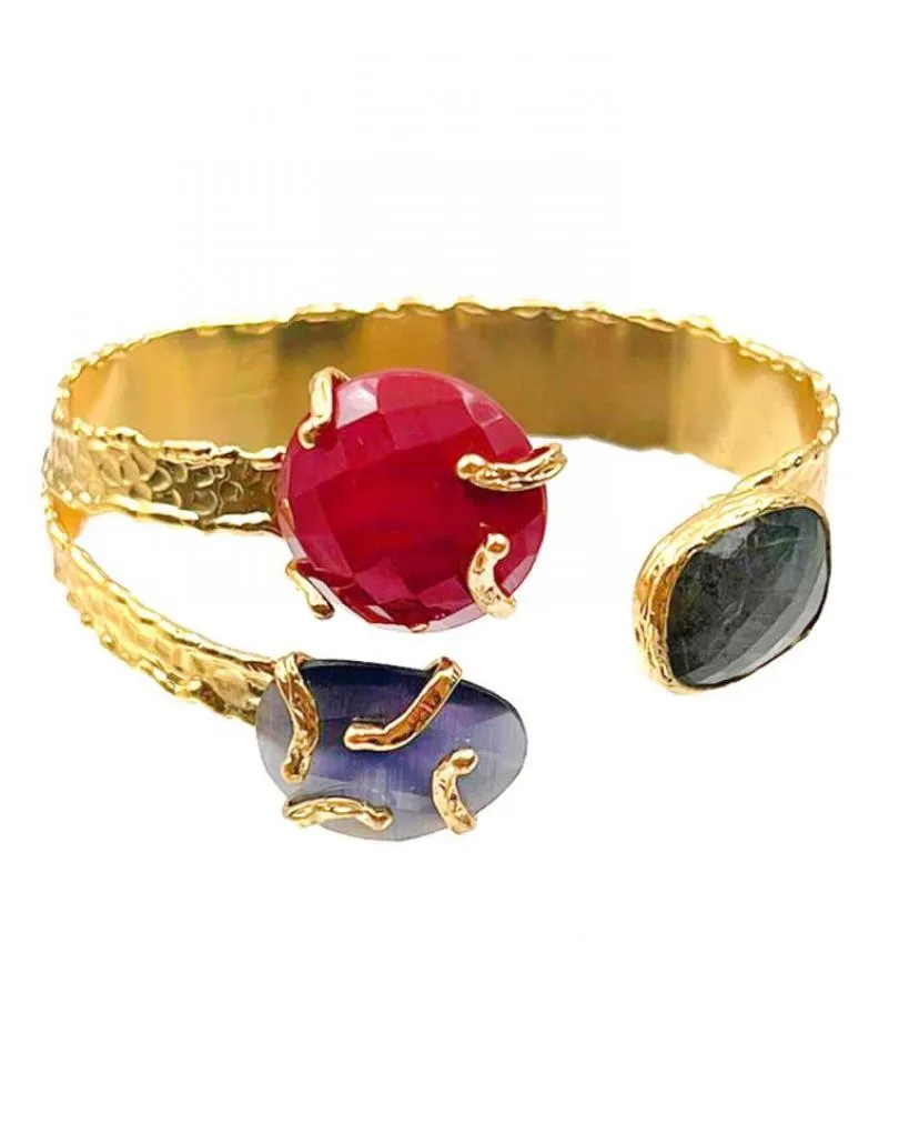 PULSERA BRAZALETE BAÑADO EN ORO CON PIEDRAS NATURALES TRICOLOR