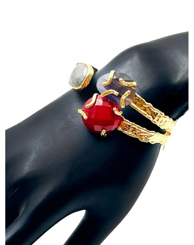 PULSERA BRAZALETE BAÑADO EN ORO CON PIEDRAS NATURALES TRICOLOR