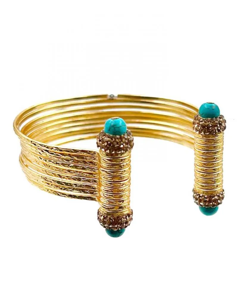 PULSERA BRAZALETE BAÑADO EN ORO SENCILLO Y ANCHO CON PIEDRA TURQUESA Y CIRCONITAS