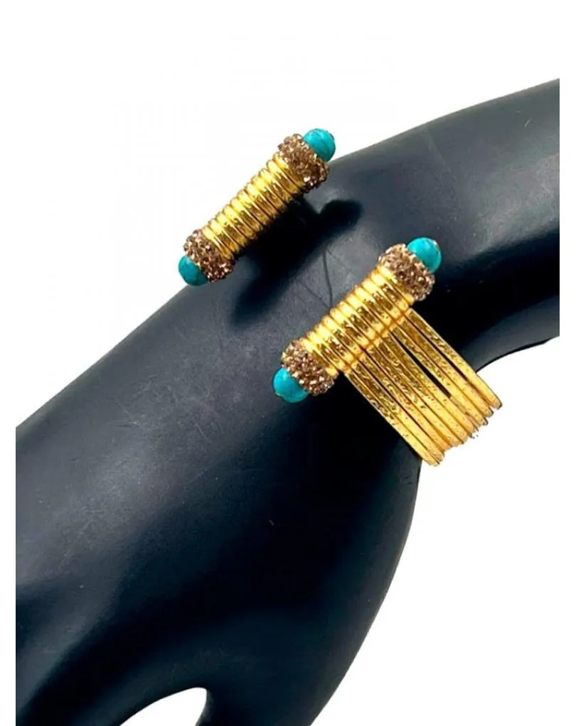 PULSERA BRAZALETE BAÑADO EN ORO SENCILLO Y ANCHO CON PIEDRA TURQUESA Y CIRCONITAS