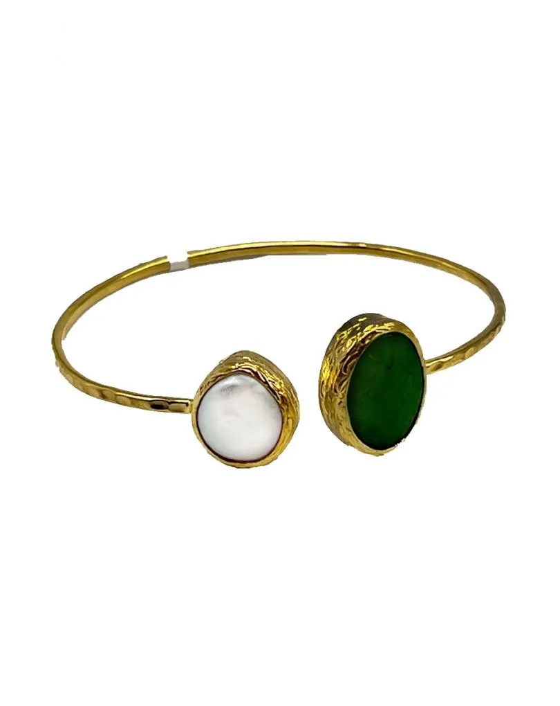 PULSERA BRAZALETE MUJER FINO CHAPADO EN ORO CON PIEDRAS NATURALES VERDE BOTELLA Y BLANCA