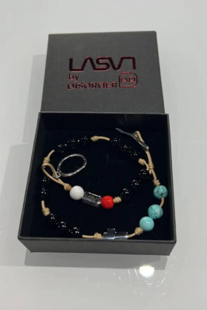 Pulsera medio Rosario beige natural stone negras