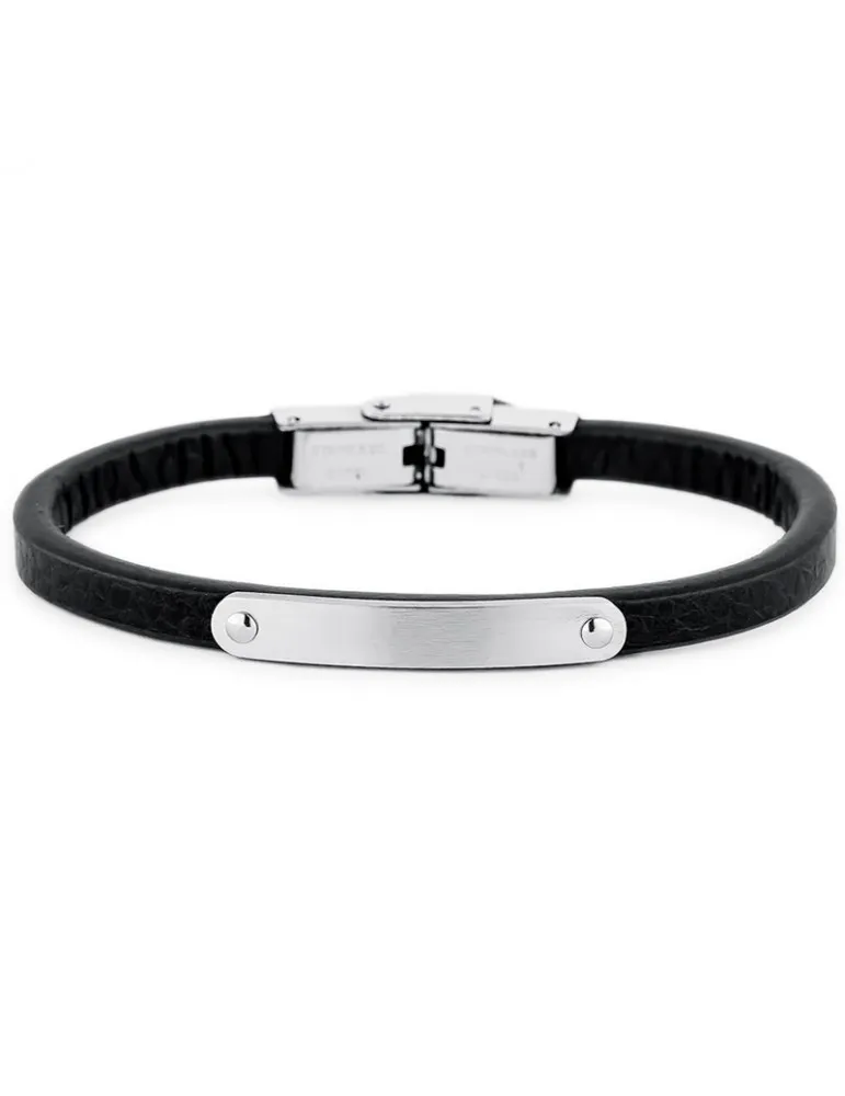 Pulsera Niño Chapa Acero Cuero Negro