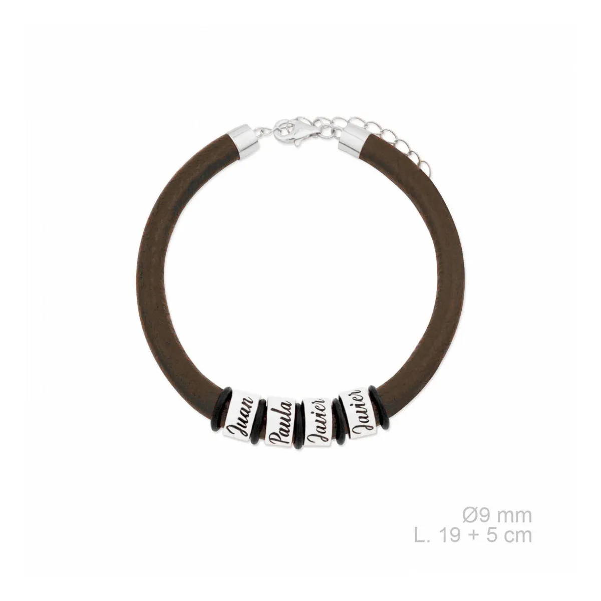 Pulsera Piel Personalizada Cuatro Nombres Plata