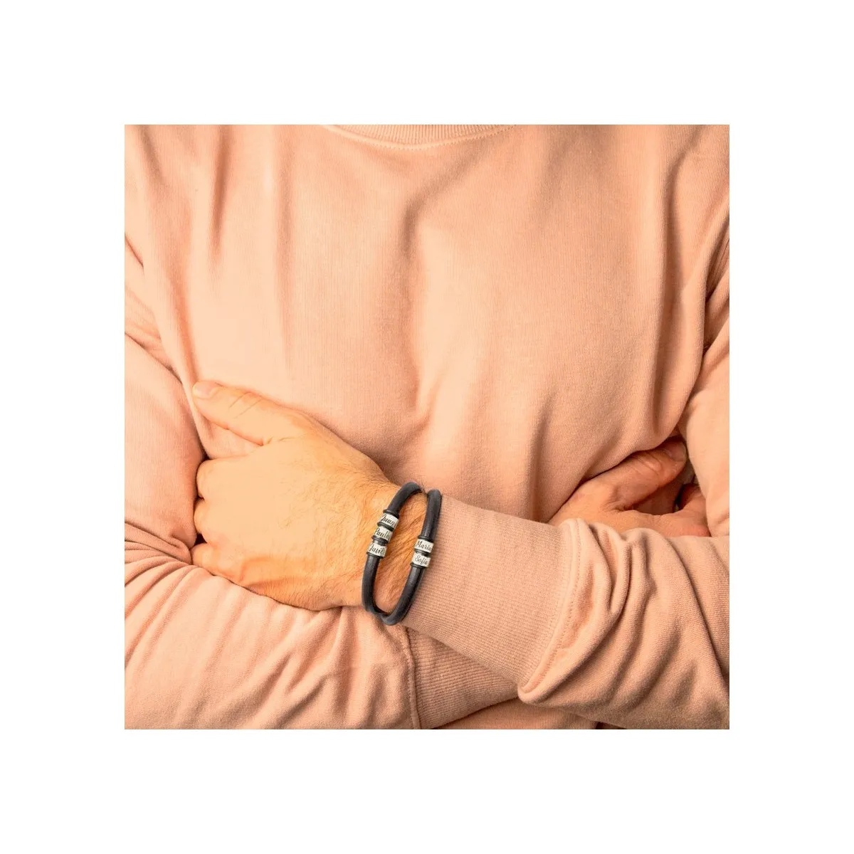 Pulsera Piel Personalizada Cuatro Nombres Plata