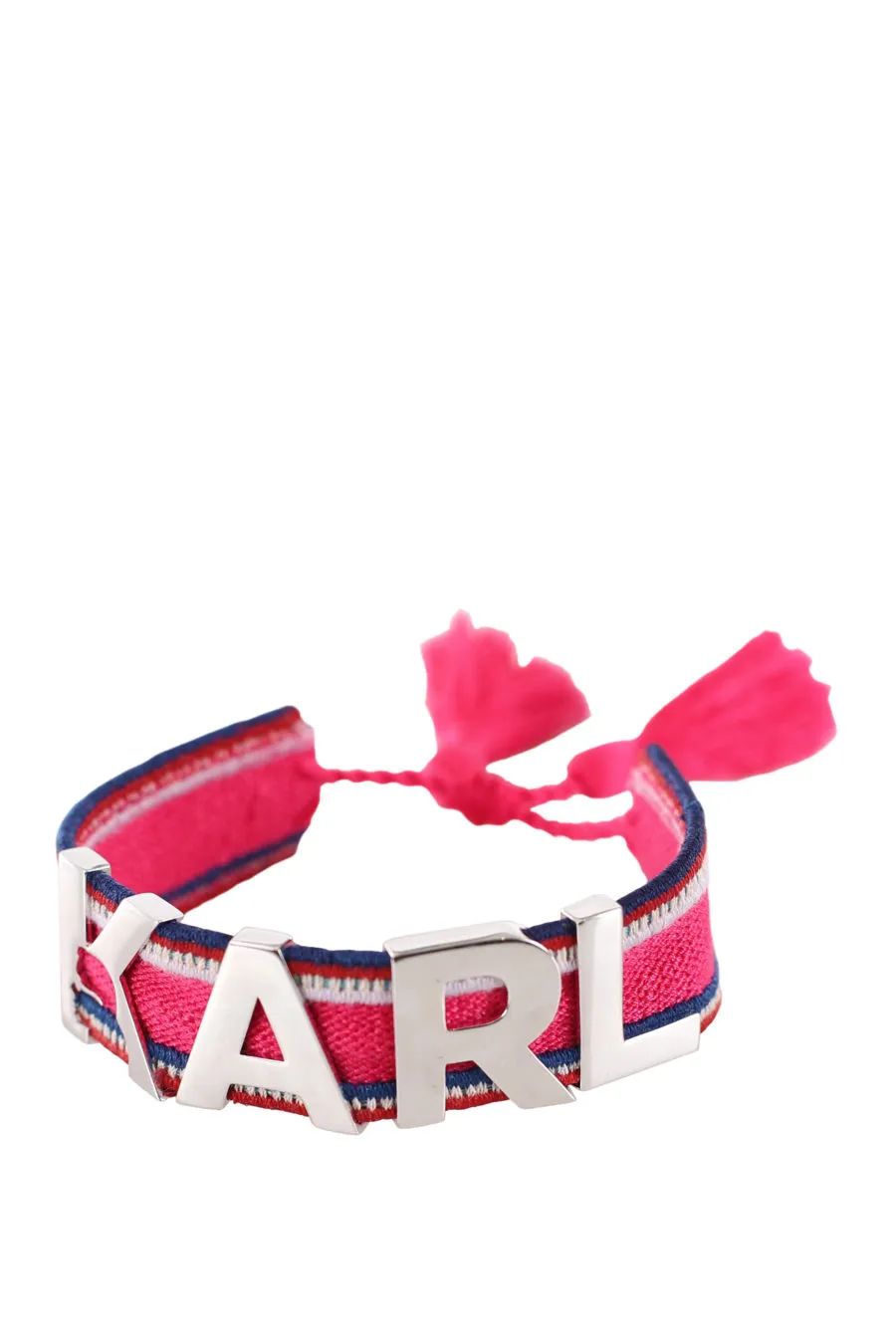 Pulsera rosa y azul con logo en metal