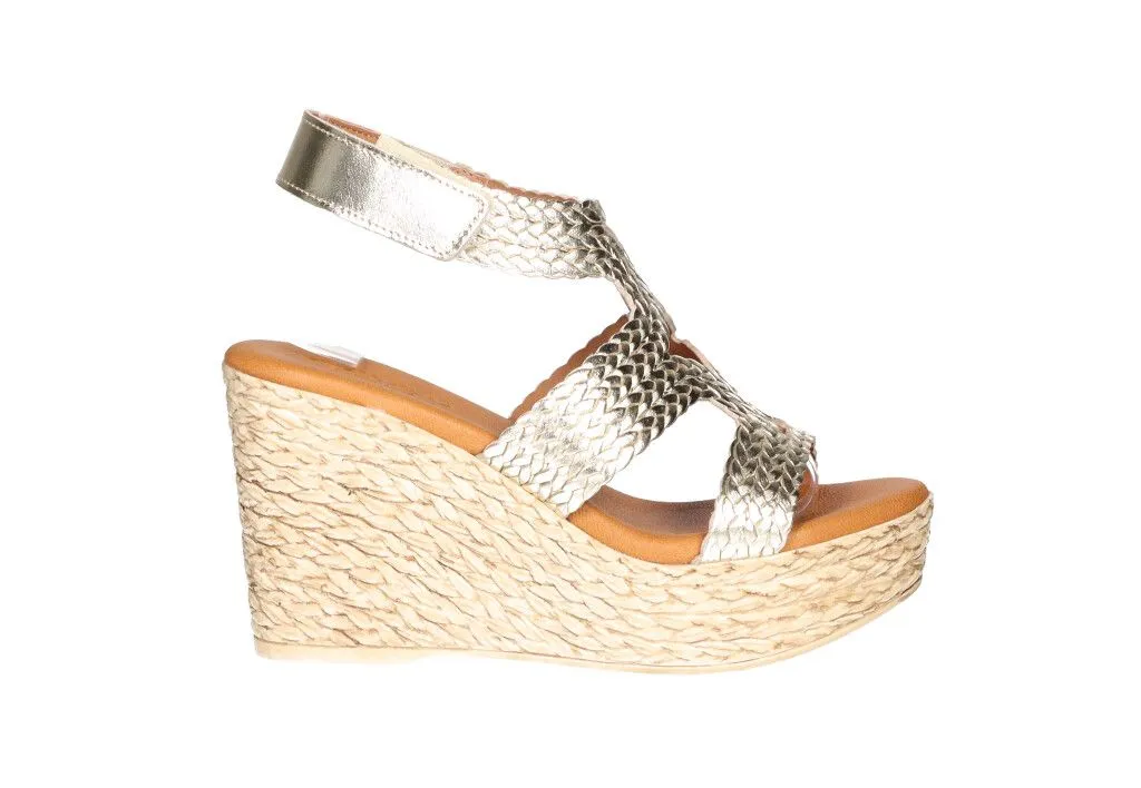 Sandalia Piel Oro Tiras Trenzadas Pulsera Velcro CuÑa Alta