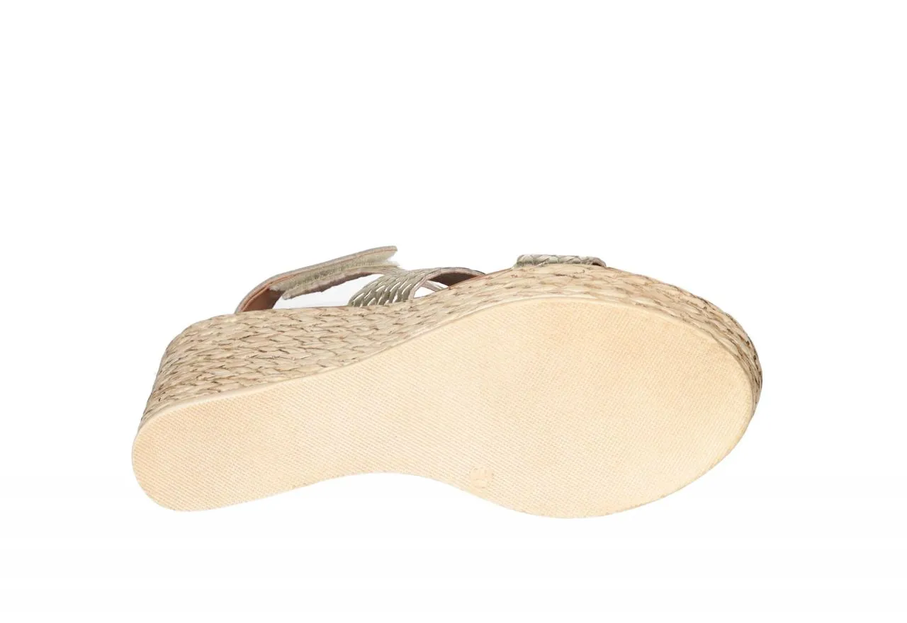 Sandalia Piel Oro Tiras Trenzadas Pulsera Velcro CuÑa Alta
