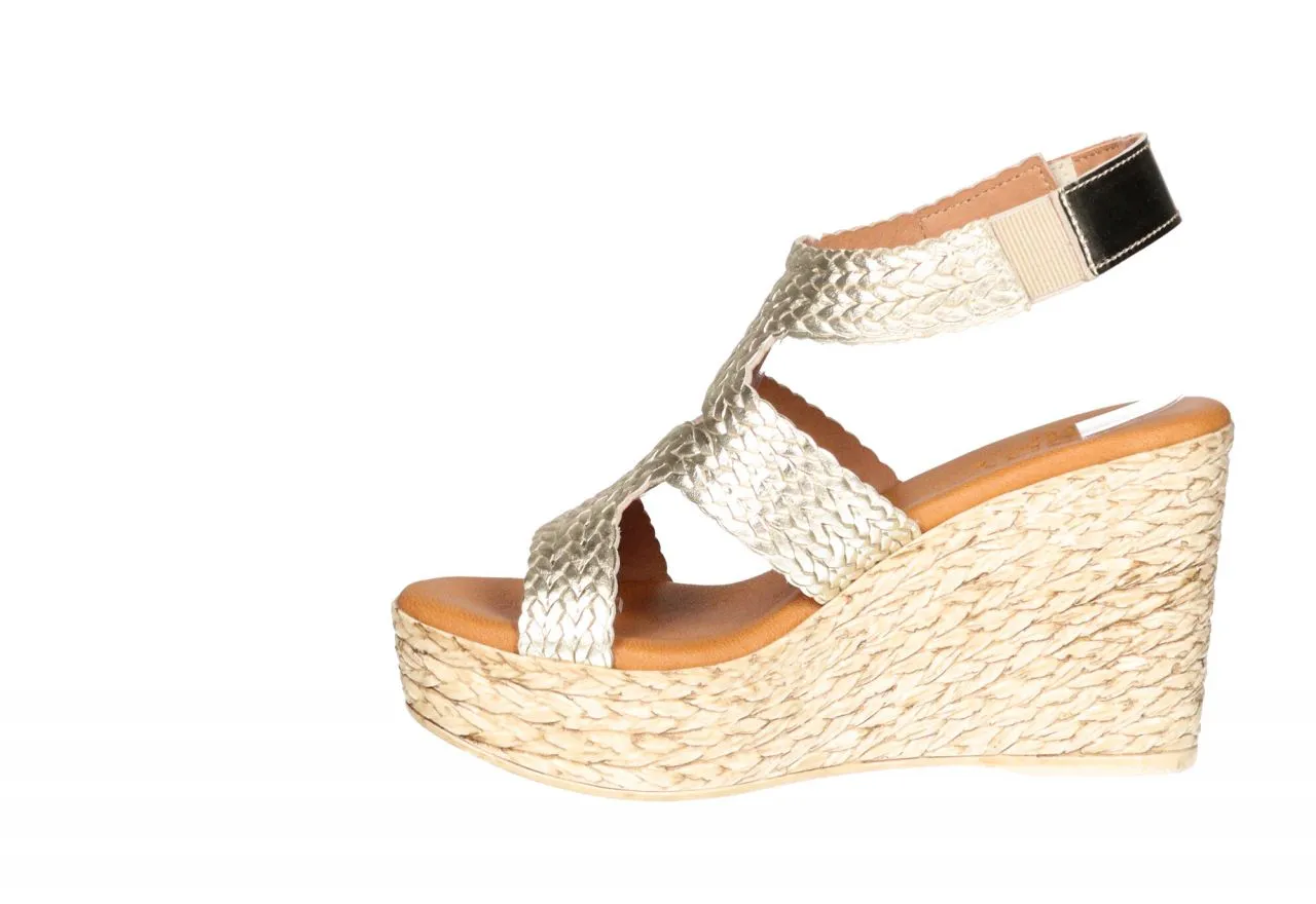 Sandalia Piel Oro Tiras Trenzadas Pulsera Velcro CuÑa Alta